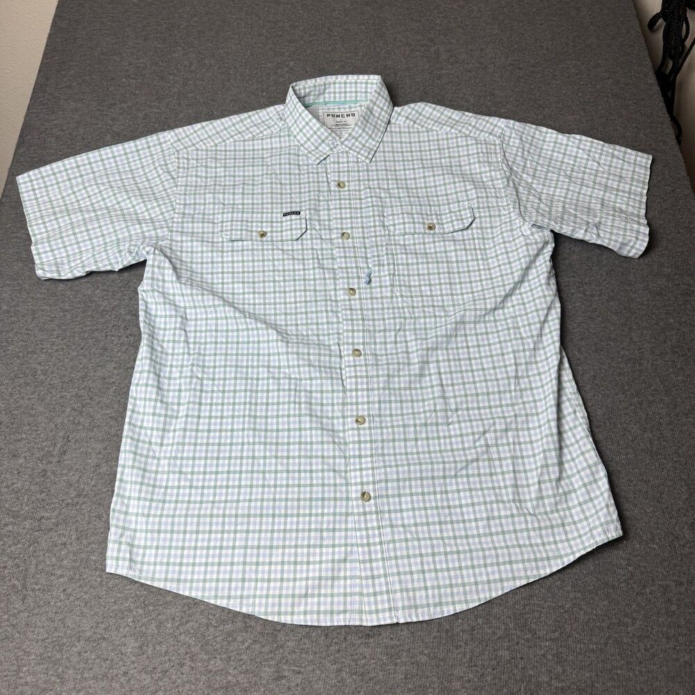 Poncho Men's Short Sleeve Plaid Button Down Size Large Vented w/Magnetic Pockets